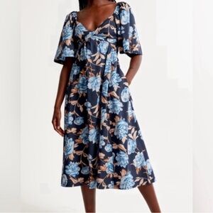 NWOT Abercrombie & Fitch Navy Blue Floral Angel Sleeve Twist Front Midi Dress